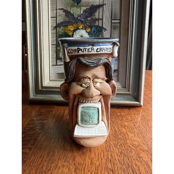 Vintage Stein Pottery Face Mug with computer Signed Jac Genovese 1990 - Picture 1 of 7